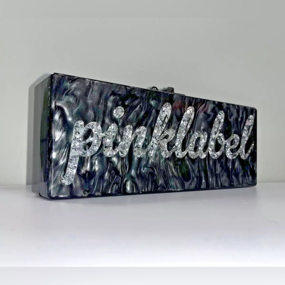 EDIE PARKER SLIM FLAVIA MOP GLITTER 'PINKLABEL' ACRYLIC BOX CLUTCH BLK / SLVR